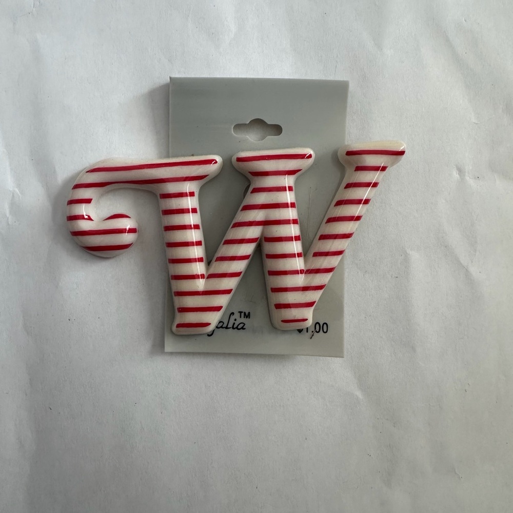 Red and White Striped Letter W Brooch